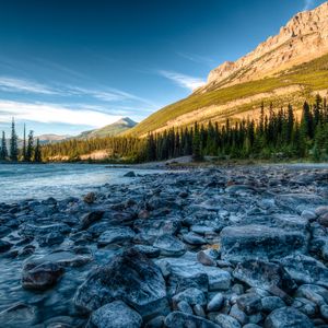 Preview wallpaper rocky mountains, river, stones, athabasca, alberta, canada, hdr