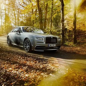 Preview wallpaper rolls royce, wraith, spofec, silver, fall, park, side view