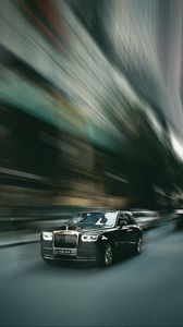 Preview wallpaper rolls-royce, car, black, street, speed, blur
