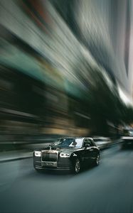 Preview wallpaper rolls-royce, car, black, street, speed, blur