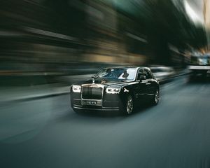 Preview wallpaper rolls-royce, car, black, street, speed, blur