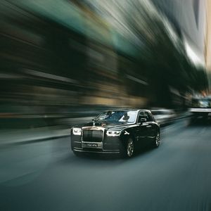 Preview wallpaper rolls-royce, car, black, street, speed, blur