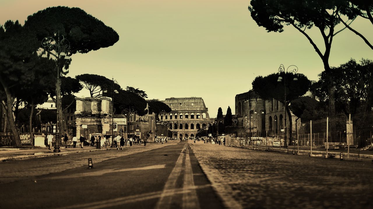 Wallpaper rome, italy, colosseum, city, street, people, road, trees