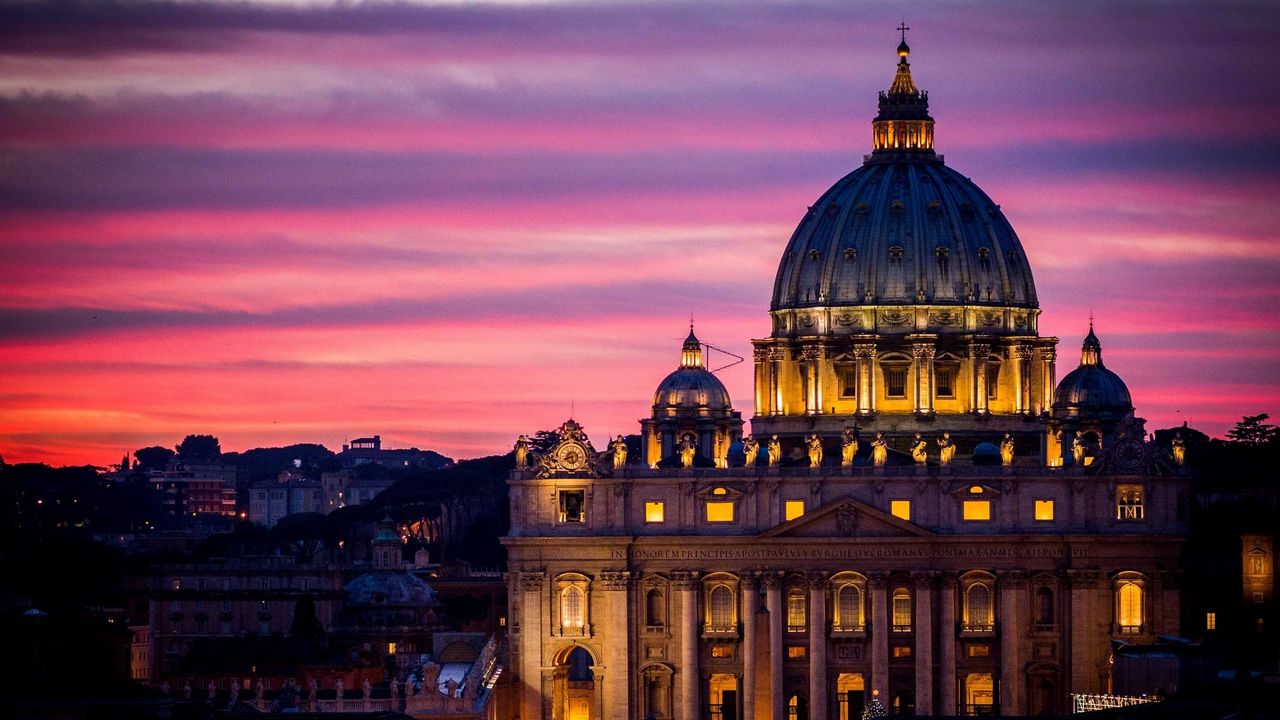 Wallpaper rome, italy, vatican, st peters basilica, vatican city, st peters cathedral, architecture, city, night, sky, sunset