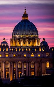 Preview wallpaper rome, italy, vatican, st peters basilica, vatican city, st peters cathedral, architecture, city, night, sky, sunset