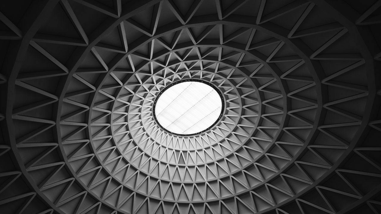 Wallpaper roof, circle, relief, architecture, black and white