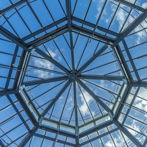 Preview wallpaper roof, glass, sky, bottom view