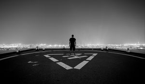 Preview wallpaper roof, loneliness, bw, man, night city, top view