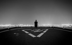 Preview wallpaper roof, loneliness, bw, man, night city, top view