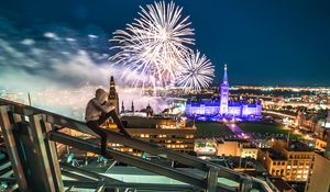 Preview wallpaper roof, night city, aerial view, silhouette, fireworks, overview