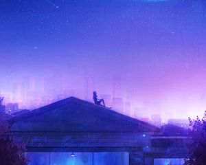 Preview wallpaper roof, night, constellation, art, man, solitude, stars