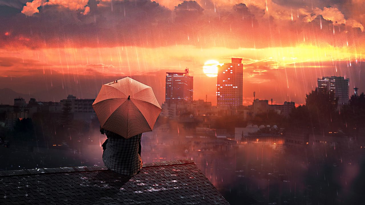 Wallpaper roof, rain, umbrella, night, sky, solitude, loneliness