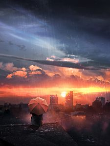 Preview wallpaper roof, rain, umbrella, night, sky, solitude, loneliness