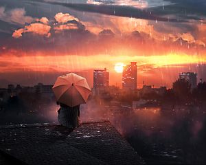 Preview wallpaper roof, rain, umbrella, night, sky, solitude, loneliness