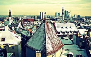 Preview wallpaper roof, tower, winter, snow, wind vane