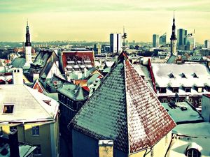 Preview wallpaper roof, tower, winter, snow, wind vane