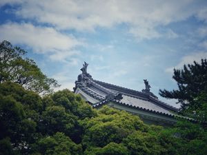 Preview wallpaper roof, trees, sky, clouds