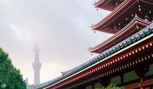 Preview wallpaper roofs, tower, architecture, fog