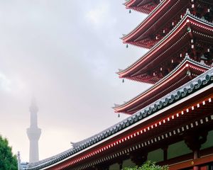 Preview wallpaper roofs, tower, architecture, fog