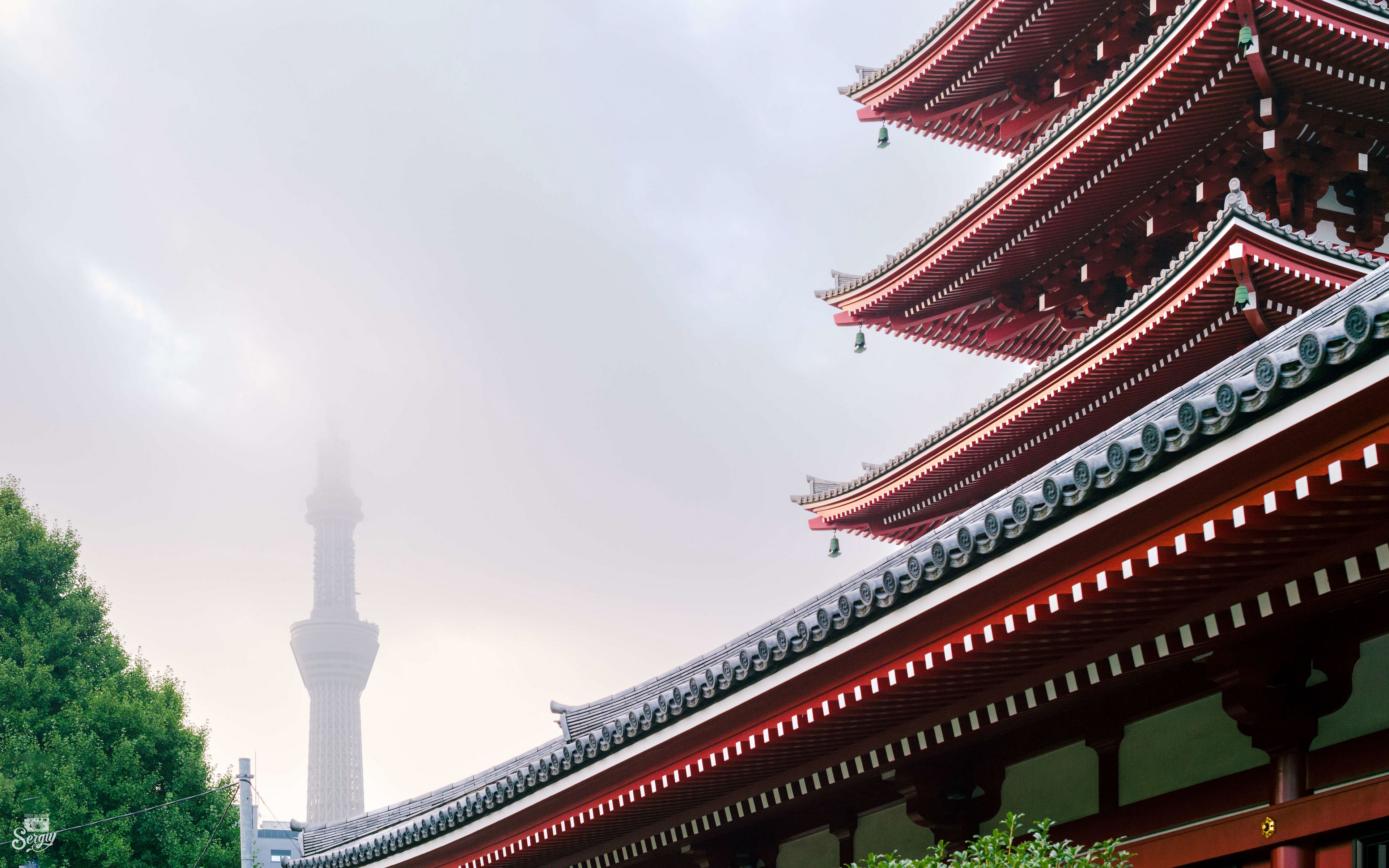 3840x2400 Wallpaper roofs, tower, architecture, fog