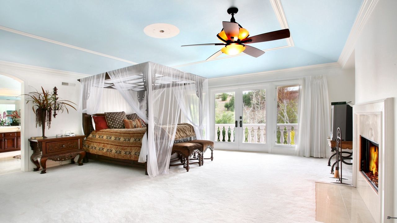 Wallpaper room, bed, interior, design, modern, fan