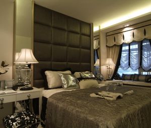 Preview wallpaper room, bed, lamps, bedroom, style, table, flowers