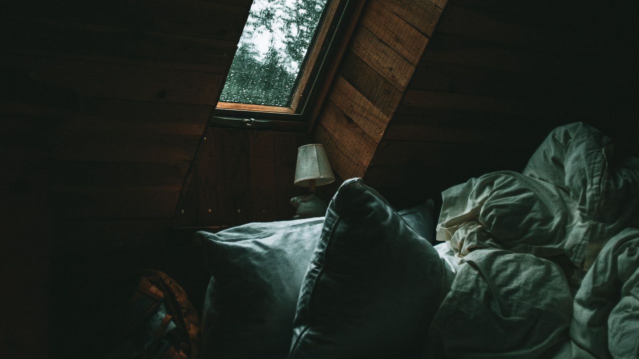 Wallpaper room, bed, pillow, window, dark