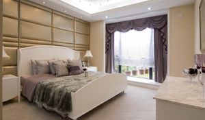Preview wallpaper room, bedroom, bed, curtains, window, pillows, lamps, tea, interior