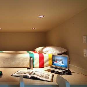 Preview wallpaper room, bedroom, bed, notebook, design, interior