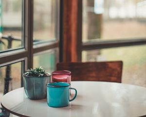 Preview wallpaper room, cups, houseplant, table, windows