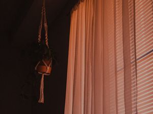 Preview wallpaper room, dark, interior, window, curtain, flower