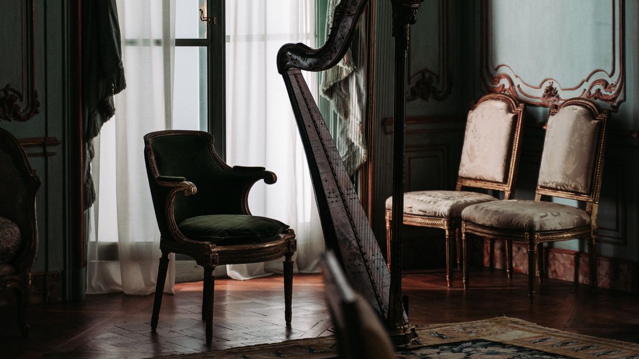 Wallpaper room, interior, furniture, harp, chairs
