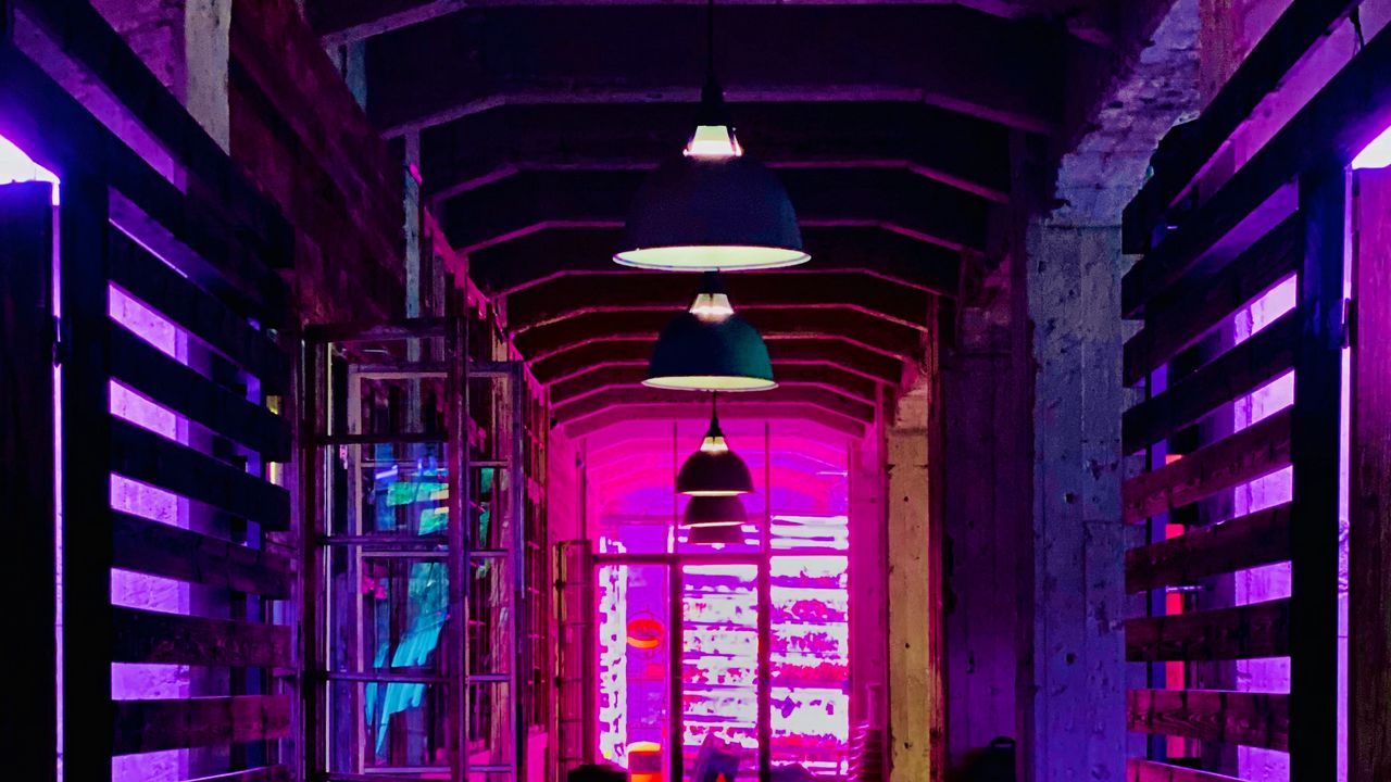 Wallpaper room, lamps, neon, glow, purple