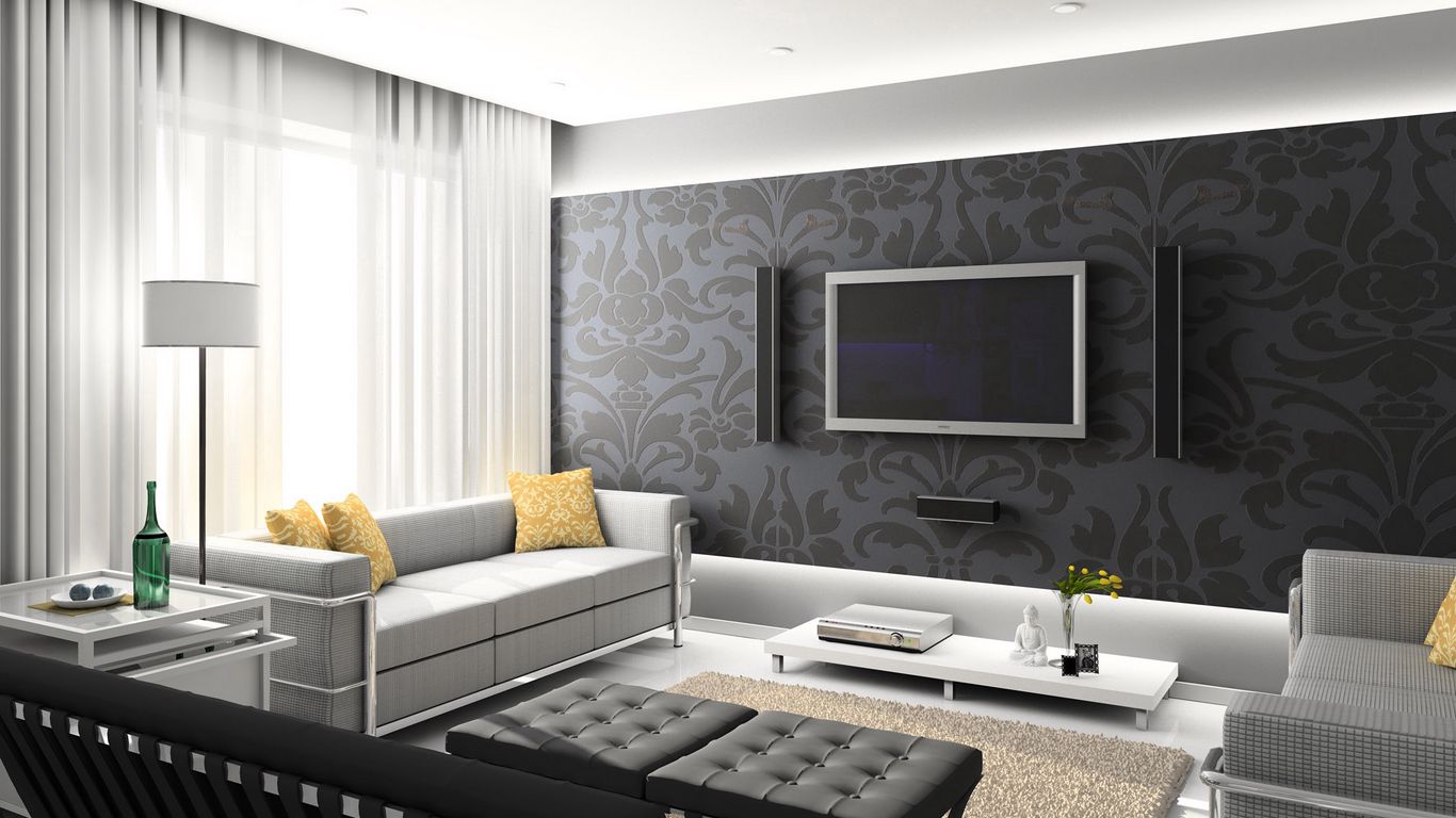 Download wallpaper 1366x768 room, living room, tv, style, furniture tablet,  laptop hd background
