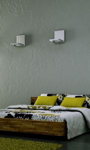 Preview wallpaper room, rug, shelves, bed sheets, pillows, lamp, shade