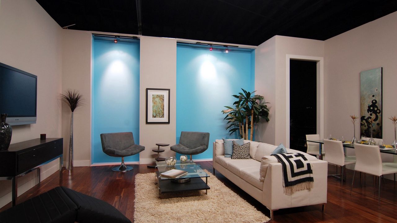 Wallpaper room, sofa, carpet, furniture, chairs, tv, shelves, interior