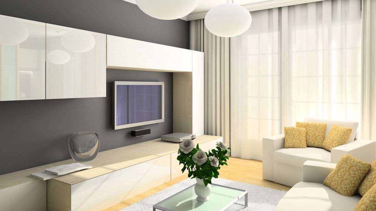 Wallpaper room, sofa, television, design, interior, chair, closet, table, bouquet