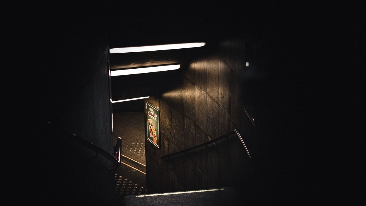 Wallpaper room, stairs, lighting, dark