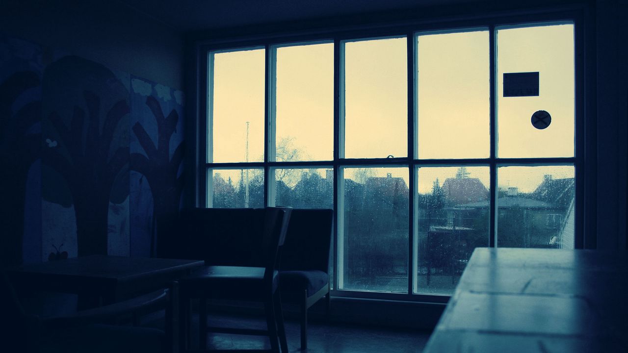 Wallpaper room, window, rain, dark, drops