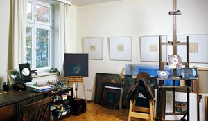 Preview wallpaper room, workshop, easel, paints, furniture