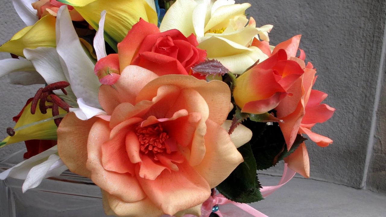 Wallpaper rose, calla lilies, flowers, bouquet, ribbon