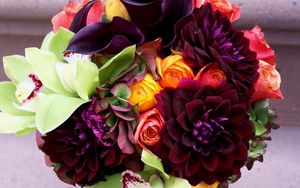 Preview wallpaper rose, dahlias, calla lilies, orchids, bouquet, flowers, composition