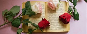 Preview wallpaper rose, flowers, book, pages, aesthetics