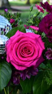 Preview wallpaper rose, flowers, leaves, disco ball, grass