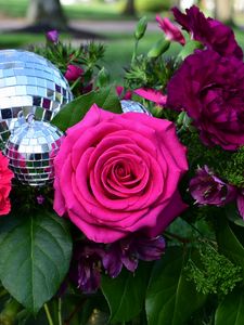 Preview wallpaper rose, flowers, leaves, disco ball, grass