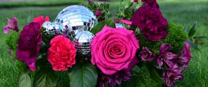 Preview wallpaper rose, flowers, leaves, disco ball, grass