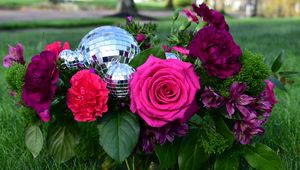 Preview wallpaper rose, flowers, leaves, disco ball, grass