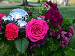 Preview wallpaper rose, flowers, leaves, disco ball, grass