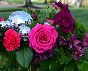 Preview wallpaper rose, flowers, leaves, disco ball, grass