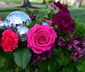 Preview wallpaper rose, flowers, leaves, disco ball, grass